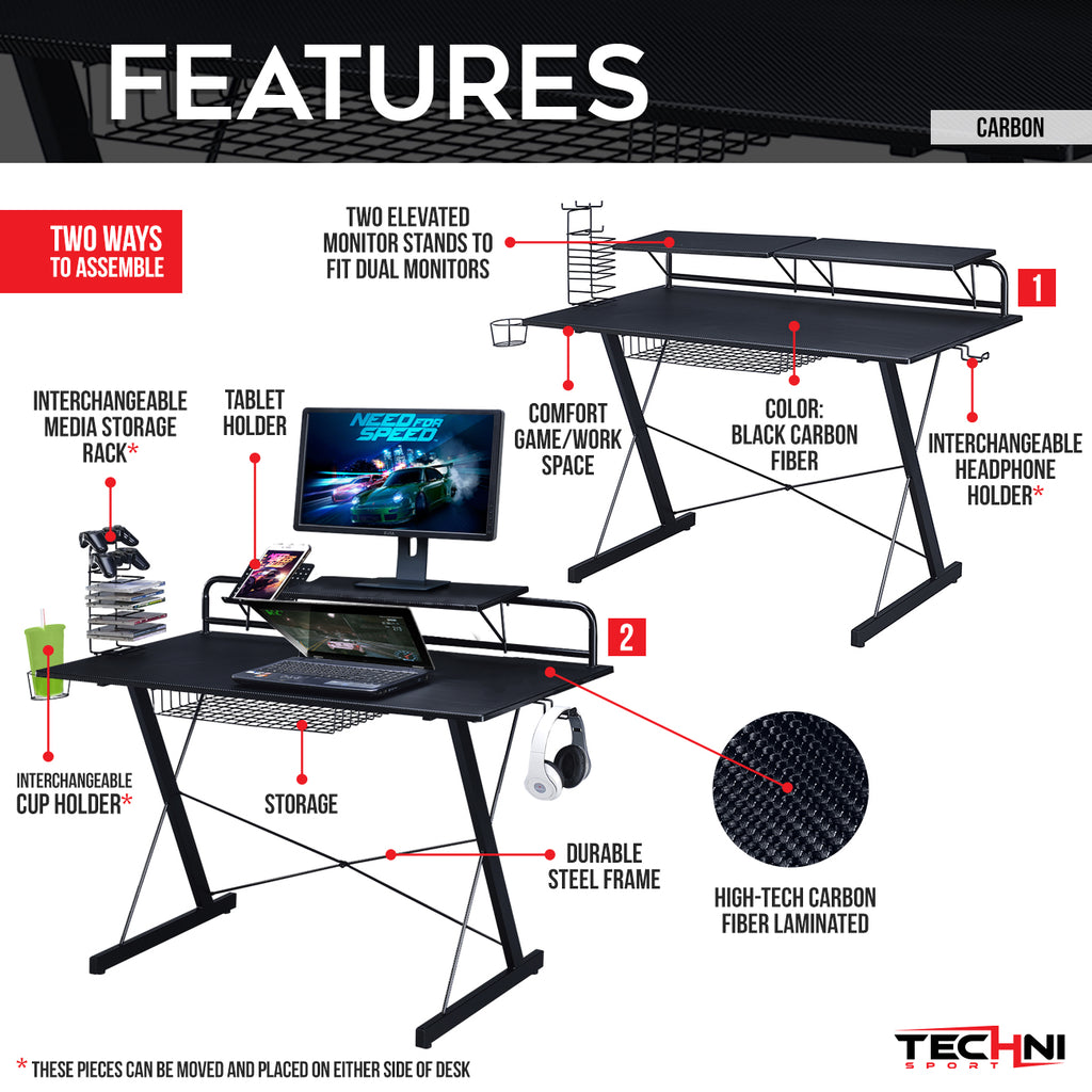 MOONSUN Sport Carbon Computer Gaming Desk with Shelving, Adjustable Racks and Storage Cup Holder Black
