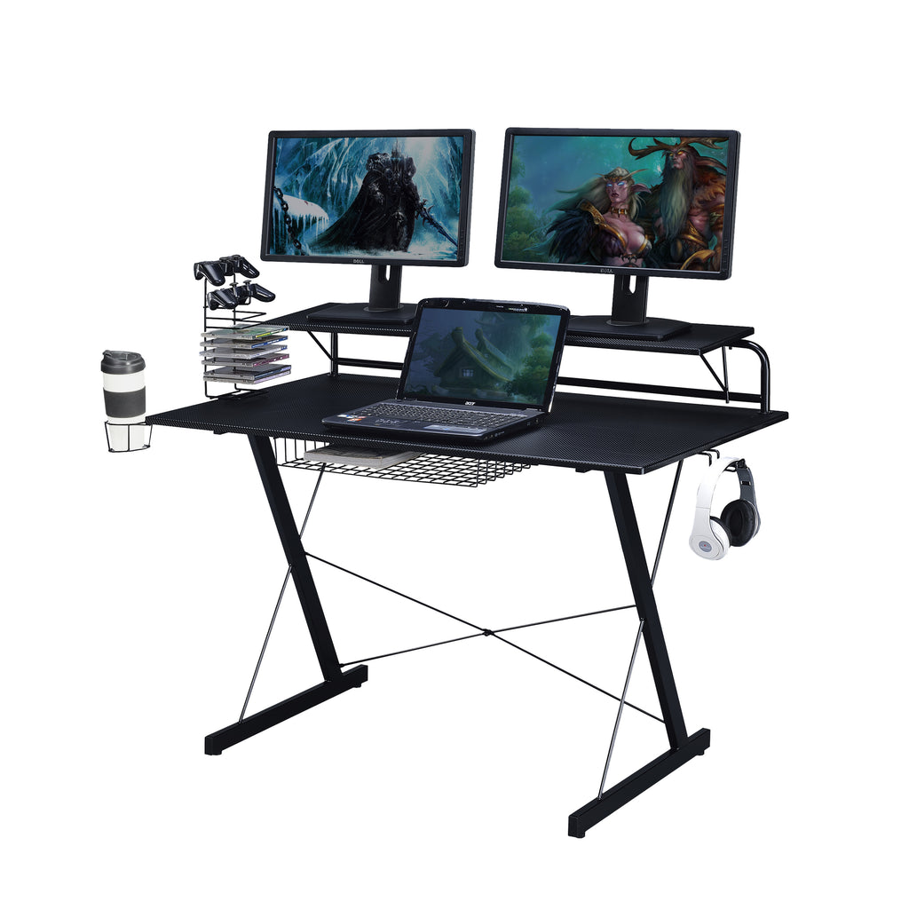 MOONSUN Sport Carbon Computer Gaming Desk with Shelving, Adjustable Racks and Storage Cup Holder Black