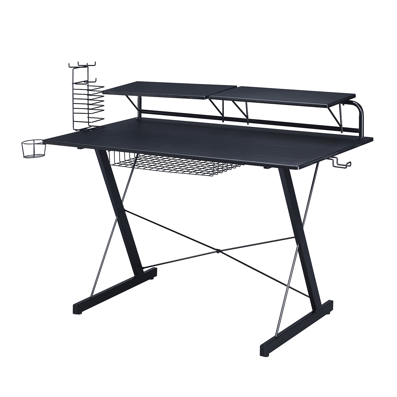 MOONSUN Sport Carbon Computer Gaming Desk with Shelving, Adjustable Racks and Storage Cup Holder Black