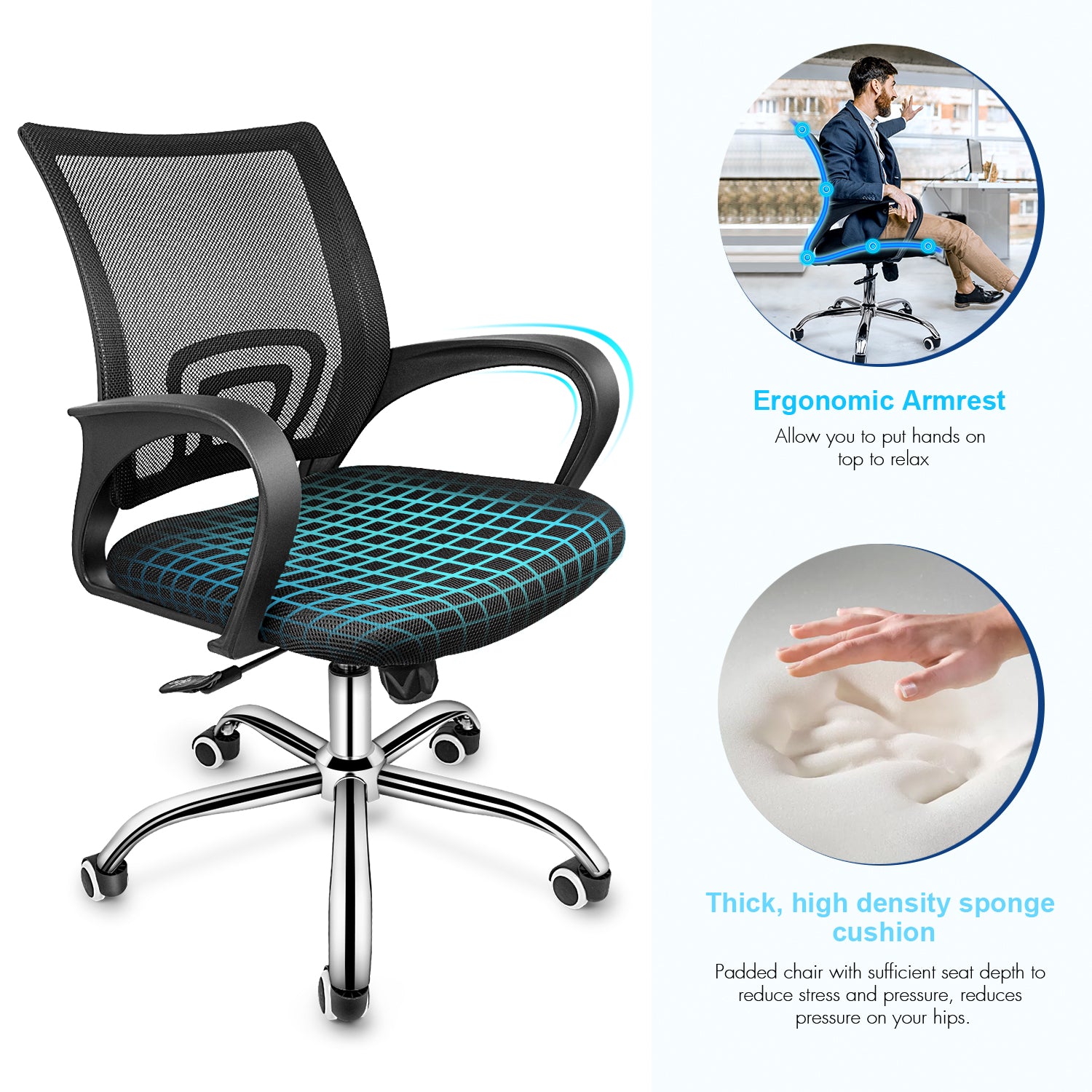 MOONSUN Task Office Chair Ergonomic Mesh Computer Chair with Wheels and Arms and Lumbar Support Adjustable Height Study Chair for Students Teens Men Women for Dorm Home Office,Black