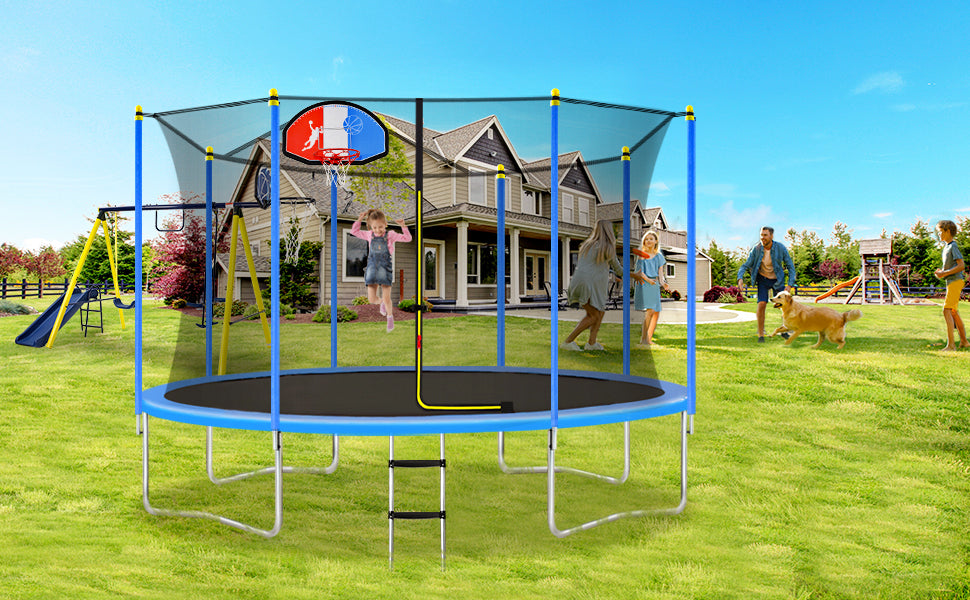 MOONSUN Trampoline for Kids Adults, Trampolines with Safety Enclosure Net, Basketball Hoop and Ladder, 8FT 10FT 12FT 14FT 15FT 16FT Outdoor Heavy-Duty Trampoline, ASTM & Chemical Test Approved