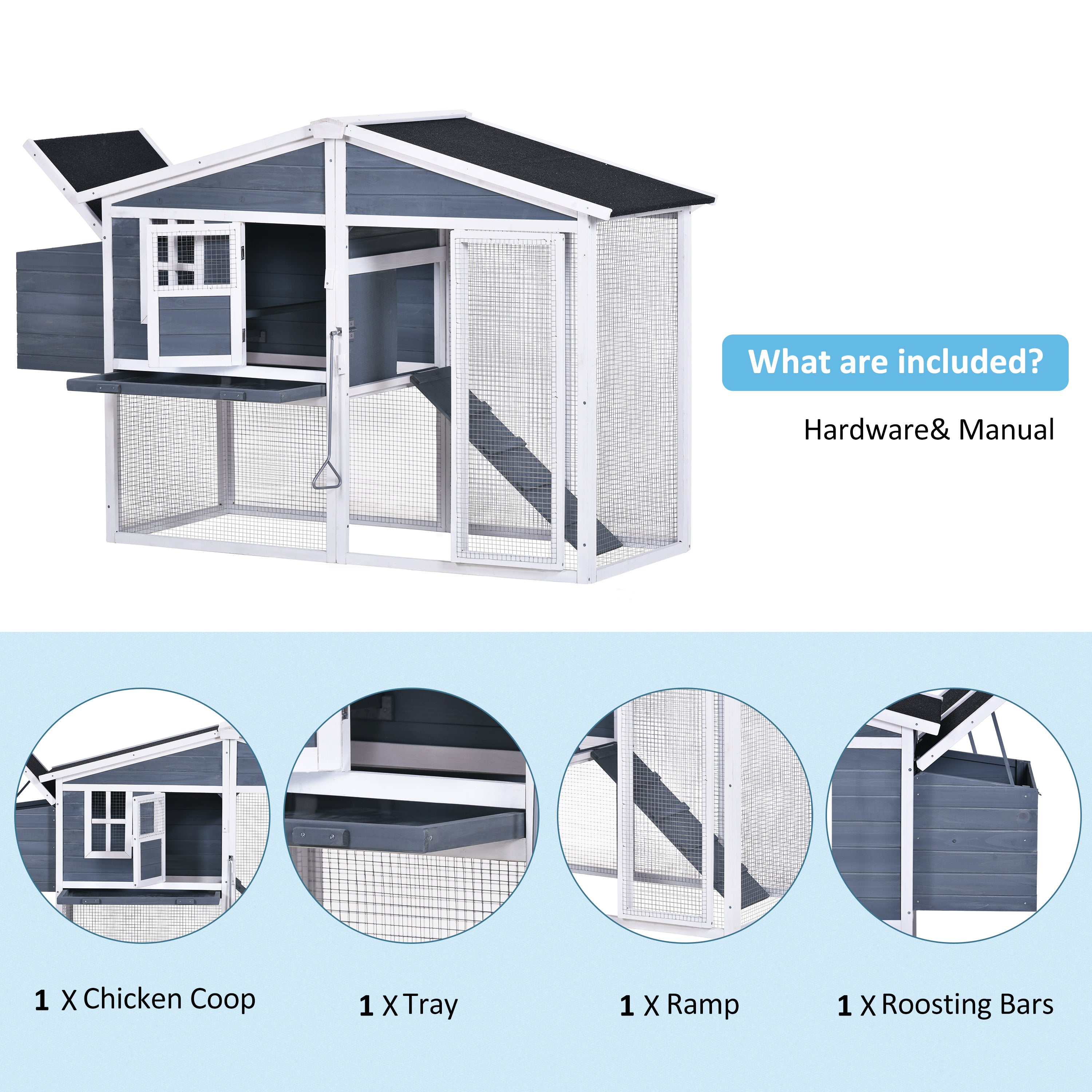 MOONSUN 73.6”Large Wooden Chicken Coop, Enclosed Outdoor Backyard Small Animal Hen Rabbit Hutch Wood House Poultry Cage with Tray and Ramp, Nest Box