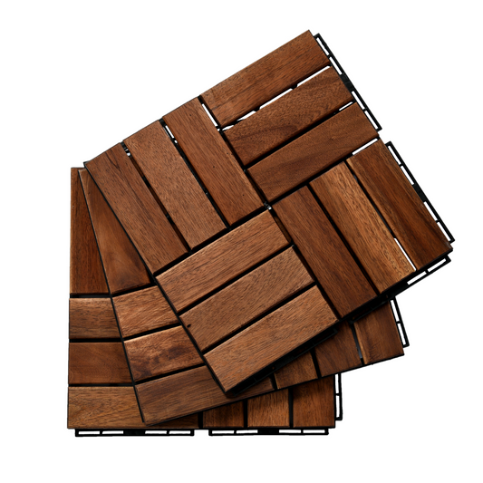 MoonSun 12" x 12" Square Acacia Wood Interlocking Flooring Tiles Checker Pattern Pack of 10 Tiles Brown