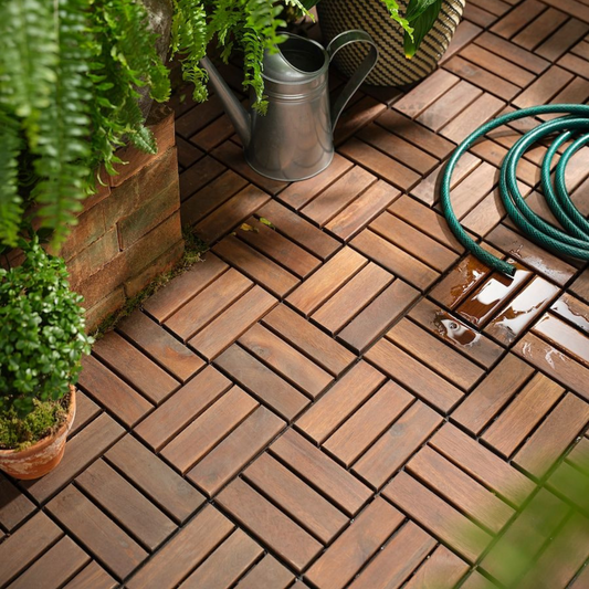 MoonSun 12" x 12" Square Acacia Wood Interlocking Flooring Tiles Checker Pattern Pack of 10 Tiles Brown