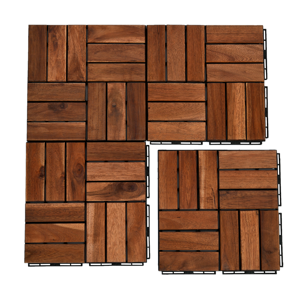 MoonSun 12" x 12" Square Acacia Wood Interlocking Flooring Tiles Checker Pattern Pack of 10 Tiles Brown