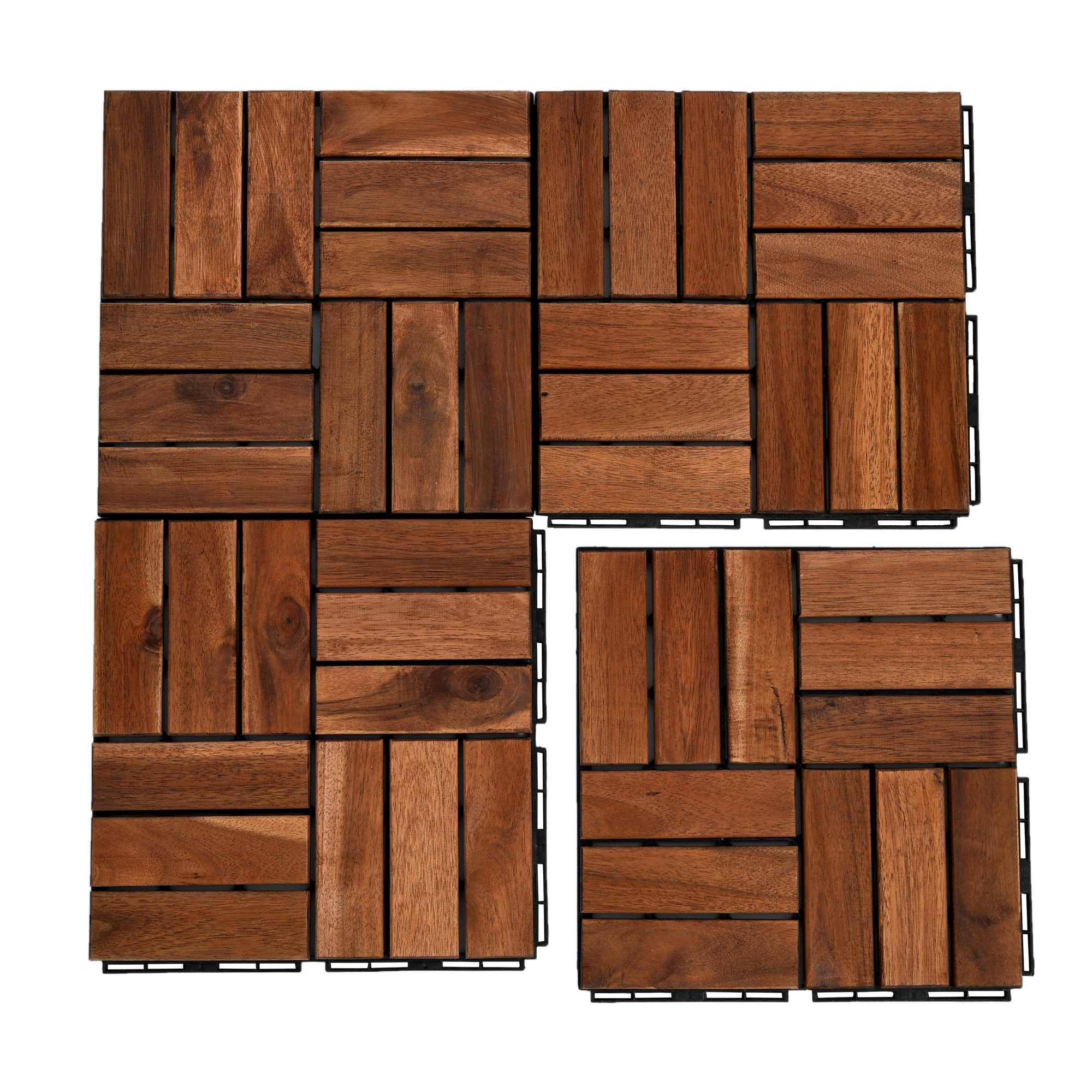 MoonSun 12" x 12" Square Acacia Wood Interlocking Flooring Tiles Checker Pattern Pack of 10 Tiles Brown